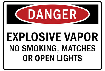 Explosive hazard sign and labels explosive vapor no smoking, matches or open lights