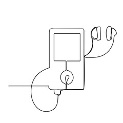MP3 player-flash drive with headphones drawn by a single black line on a white background. One-line drawing. Continuous line. Vector Eps10
