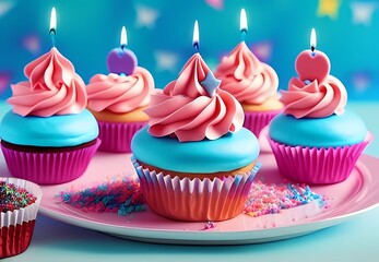 Birthday cupcakes with candles, party sweets delicious desserts, generative ai