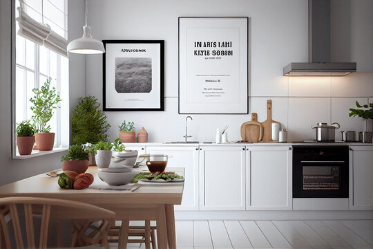 Stylish modern style kitchen in white colors, interior details, frame mockup for text and pictures. Generative AI