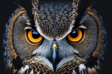 Foto auf Alu-Dibond Close up of the owl's large, golden eyes. Huge owl eyes are fixed on the camera. nocturnal striformes birds of prey with binocular vision. Generative AI © AkuAku