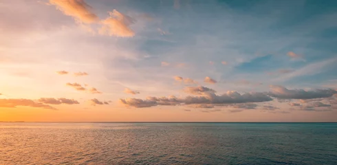 Rolgordijnen Panoramic sea skyline beach. Amazing sunrise beach landscape. Panorama of tropical beach seascape horizon. Abstract colorful sunset sky light tranquil relax summer seascape freedom wide angle seascape © icemanphotos