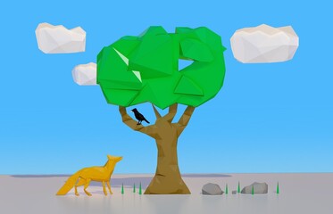 Fox and raven with cheese on wood illustration 3d low poly