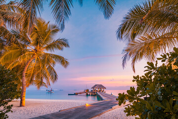 Amazing beach landscape. Beautiful Maldives sunset seascape view. Dream colorful sea sky palm...