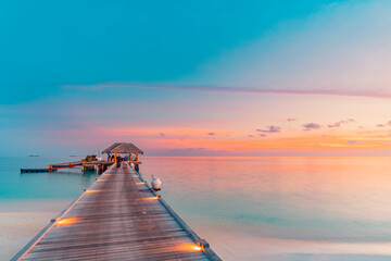 Amazing beach landscape. Beautiful Maldives sunset seascape view. Horizon colorful sea sky clouds,...