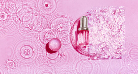 Cosmetic spa medical skincare, glass serum bottle in petri dish with collagen on pink water background with waves.