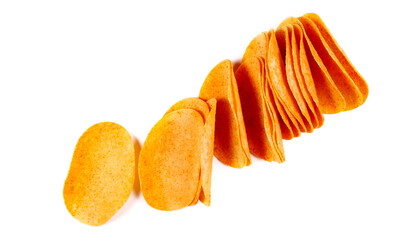 Paprika flavored potato chips isolated on white, top view