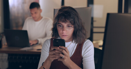 Smartphone, office and business woman with social media networking, feedback and online review of...