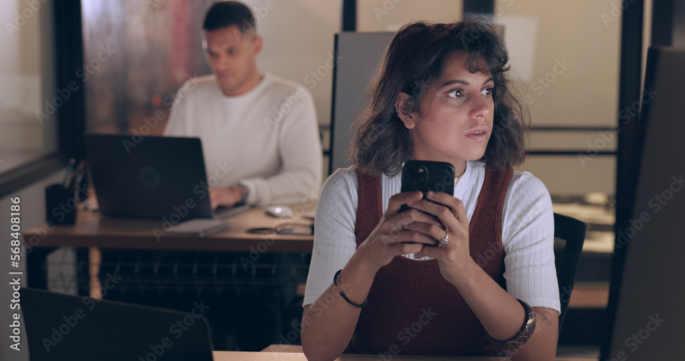 Poster smartphone, office and business woman with social media networking, feedback and online review of da