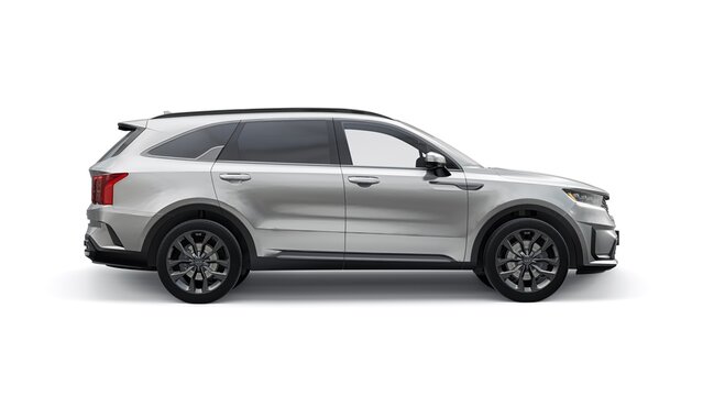 Dallas, USA. January 24, 2023. KIA Sorento 2022. Grey Mid-size SUV for family and work on a white background. 3d rendering.