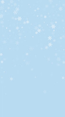 Naklejka na ściany i meble Snowfall overlay christmas background. Subtle flying snow flakes and stars on light blue winter backdrop. Festive snowfall overlay. Vertical vector illustration.