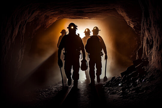 Silhouettes of miners in a helmet with lanterns in a dark cave exploration and geological work, coal mining, warm light. Generative AI