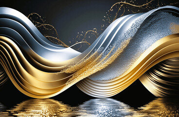 Gold and silver waves, glitter above a reflective surface