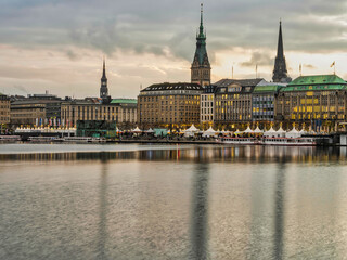 Fototapeta premium Hamburg city lights on Binnenalster lake during christmas, Germany