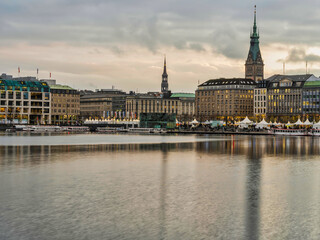 Fototapeta premium Hamburg city centre on Binnenalster lake during festive season christmas, Germany