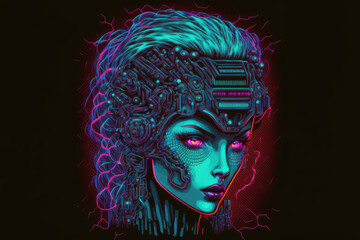 Artificial intelligence. Cyborg female head with a brain made of ANNs. neon cyberpunk in the 1980s fashion. artificially intelligent computerized female robot face. Banner for electronic technology in