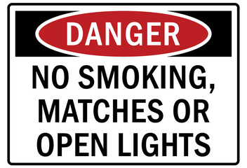 flammable hazard warning sign and labels, no smoking, matches or open light