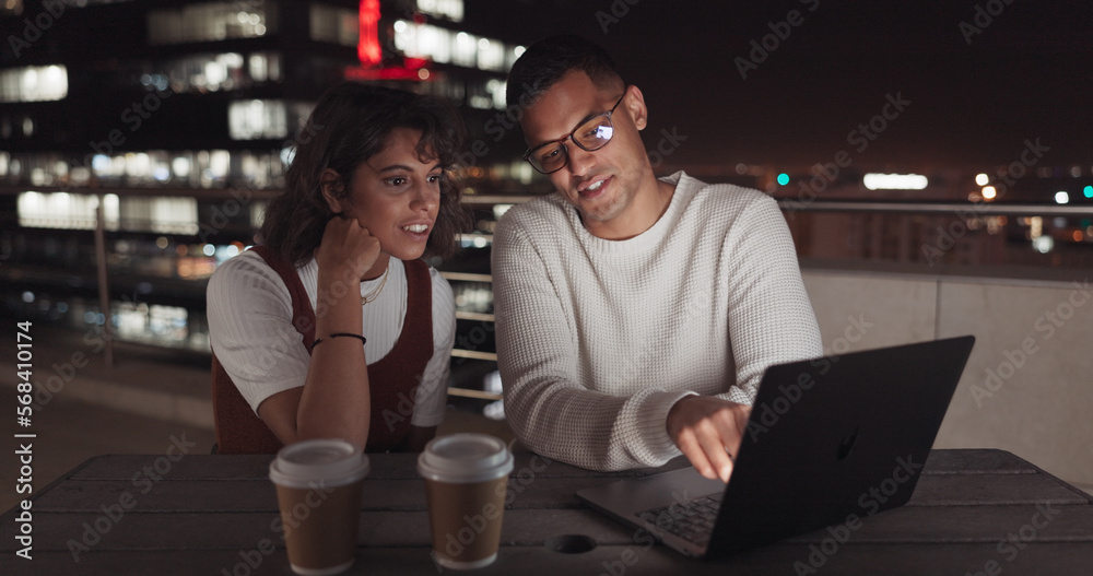 Poster laptop, collaboration and night with a business team working together on balcony in the city. teamwo