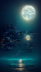 Fototapeta na wymiar full moon rising over a body of water. generative ai.