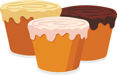 Three types of Easter cakes, muffins with multi-colored icing.
Vector element in flat style for poster, flyer, postcard, cover, advertising design.
