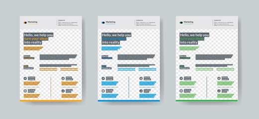 Naklejka na ściany i meble a bundle of 3 templates of a4 flyer, Flyer template layout design. corporate business flyer, brochure, magazine or flier mockup in bright colors. perfect for creative professional business. 