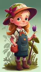 Cartoon character children's book illustration, generative Ai, girl as a gardener - 568411173