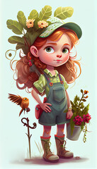 Cartoon character children's book illustration, generative Ai, girl as a gardener - 568411181