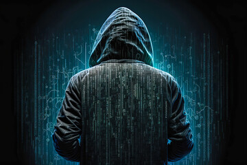 Back view of computer hacker in hoodie over abstract binary background. Obscured dark face. Data thief, internet fraud, dark net and cyber security.