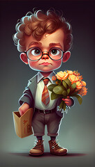Cartoon character children book illustration, generative Ai, character of a boy with flowers - 568411193