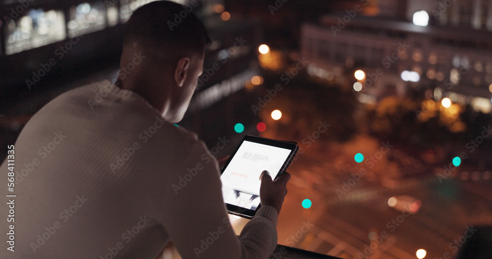 Poster Man, tablet and city using night data to scroll on internet for global networking, about us information and digital marketing online. Male on internet for stock market investment website search