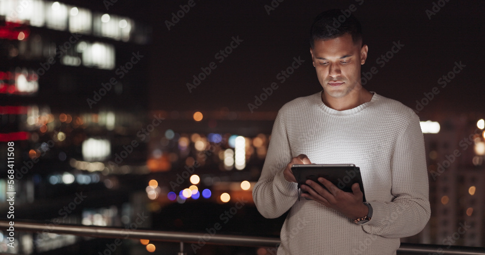 Poster Man, tablet and city using night data to scroll on internet for global networking, about us information and digital marketing online. Male on internet for stock market investment website search