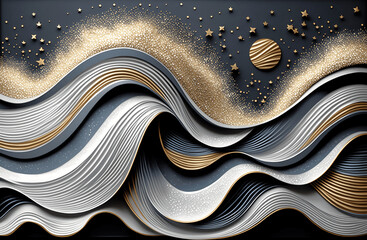 Gold and silver waves, stars on a dark gray background