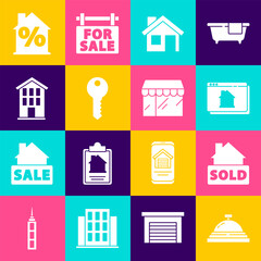 Set Hotel service bell, Hanging sign with text Sold, Online real estate house, House, key, percant discount and Market store icon. Vector