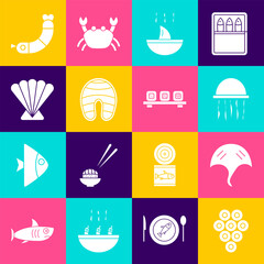 Set Caviar, Stingray, Jellyfish, Shark fin soup, Fish steak, Scallop sea shell, Shrimp and Sushi on cutting board icon. Vector