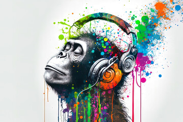 Cool monkey with headphones listening and enjoy music. colorful splash paints art. generated sketch art. Music and entertainment concept. 