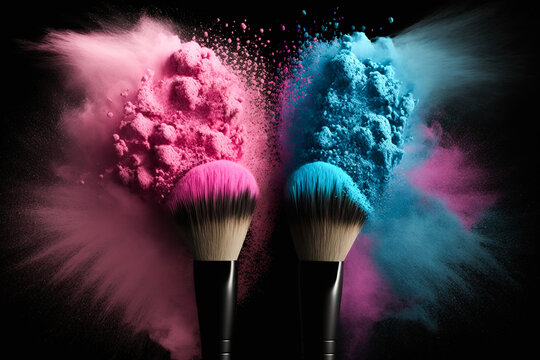 Two makeup brushes with blue and pink exploding powder on black background, generative ai
