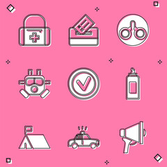 Set First aid kit, Vote box, Handcuffs, Gas mask, Check mark in round, Paint spray can, Protest camp and Police car flasher icon. Vector
