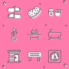 Set Sauna slippers, Bath sponge, Toilet paper roll, thermometer, bench with bucket, Bathtub, wooden bathhouse and icon. Vector