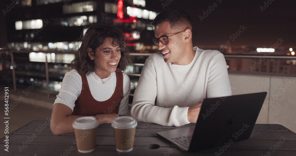 Poster laptop, collaboration and night with a business team working together on balcony in the city. teamwo