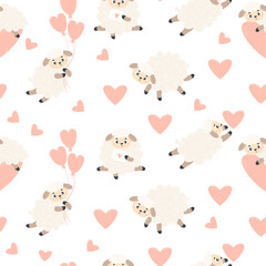 Seamless pattern with sheeps with hearts