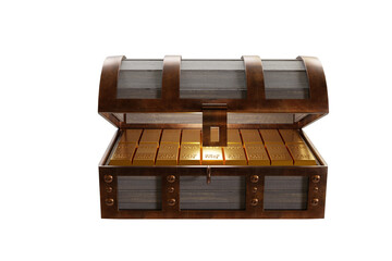 Gold bars or ingots are placed in a treasure chest. Box is made of old 3D rendering.	