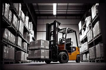 Forklift for moving items and boxes in a product warehouse, sorting and delivery technology machines. Generative AI - obrazy, fototapety, plakaty