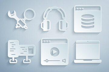 Set Online play video, Server, Data, Web Hosting, Computer monitor screen, Laptop, Headphones and Debugging icon. Vector