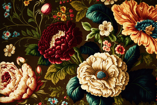 Colourful floral pattern with large vivid flowers on a brown background. A chintz background. Created with Generative AI.