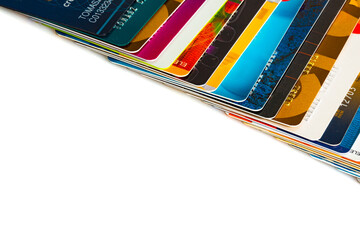 Colorful various credit cards on a white background