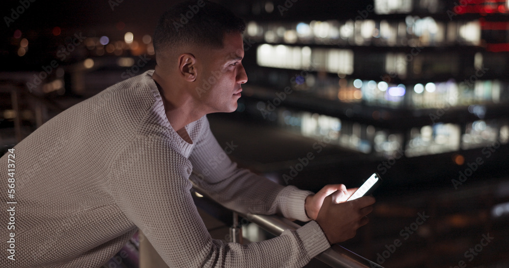 Poster business man, phone and night data while online on an urban building rooftop typing email, search or