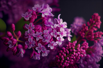 Fototapeta premium Purple lilac flowers close-up, fresh spring lilac on bush tree, spring festival, decor. Generative AI