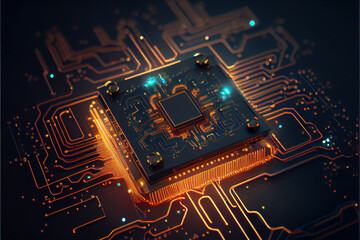 Quantum computer processor. Technology background. Central Computer Processors CPU and GPU concept. Motherboard digital chip. Tech science background. High quality photo, Ai generated illustration.