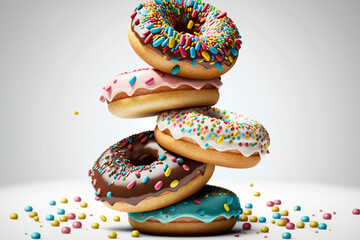 Stack of donuts with chocolate icing isolated on white. AI generative