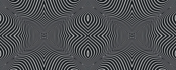 Abstract background with optical illusion wave. Black and white horizontal lines with wavy distortion effect for prints, web pages, template, posters, monochrome backgrounds and pattern